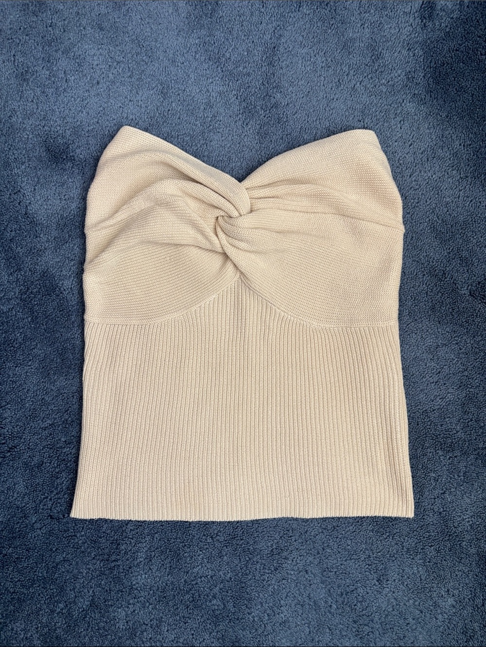 Strapless Twist-Front Knit Sweater Top in Cream